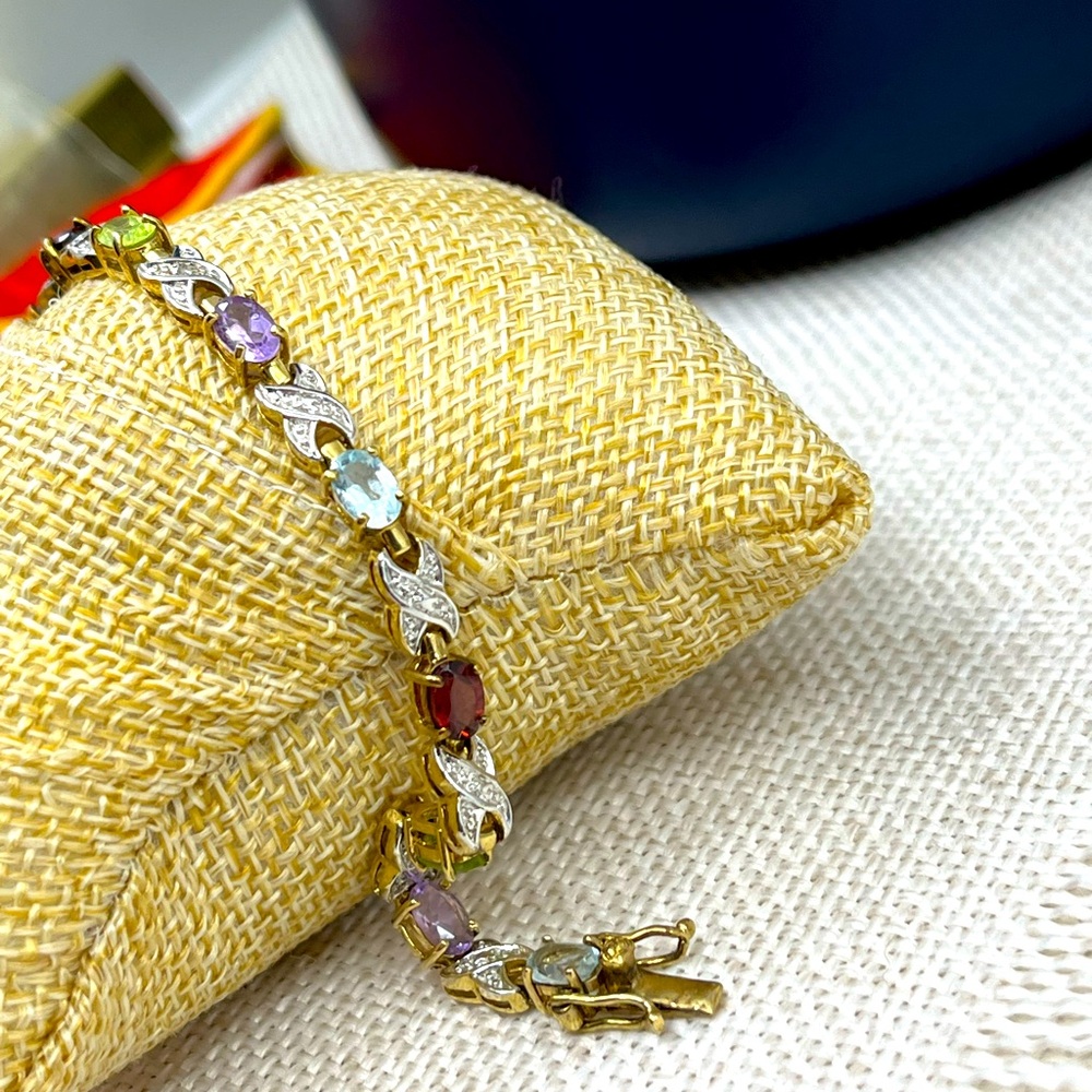 Vintage JJT Sterling Silver Multi-Gemstone Bracelet – 7.25”